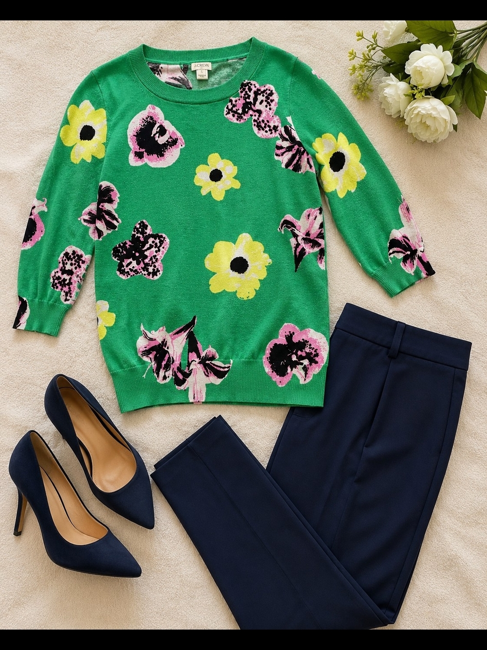 J.Crew Charley Sweater Small Green Floral 100% Cotton 3/4 Sleeve - Picture 2 of 6